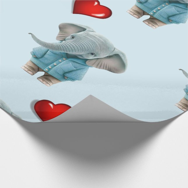 Glossy Wrapping Paper Blue Elephant Red Hearts  (Corner)