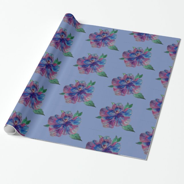 Glossy Wrapping Paper, Blue Purple flower Drawing Wrapping Paper (Unrolled)