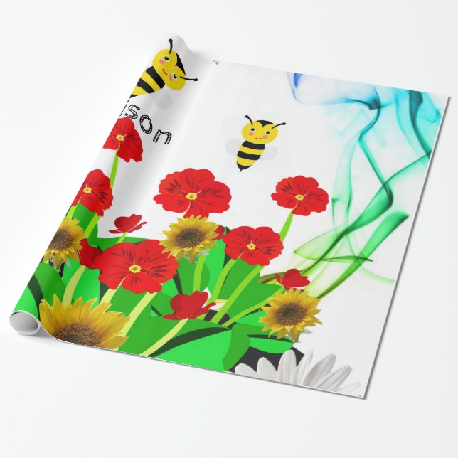 Glossy Wrapping Paper, Bumblebee Floral Wrapping Paper (Unrolled)