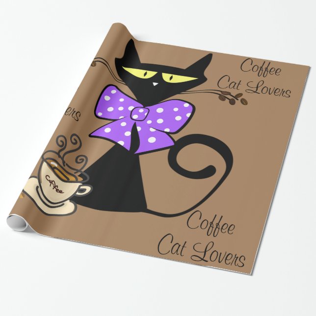 Glossy Wrapping Paper, Coffee Cat Lovers Wrapping Paper (Unrolled)