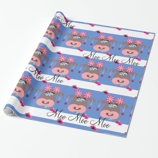 Glossy Wrapping Paper, Floral Cow Moo Blue Paper (Unrolled)
