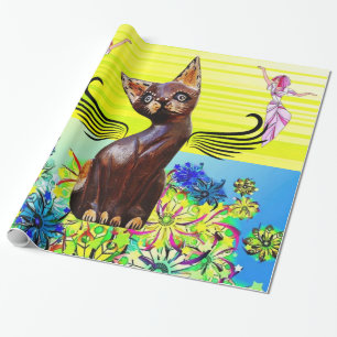 Glossy Wrapping Paper, Kitten Cat Floral Fairy Paper