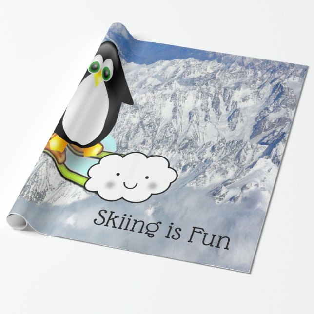 Glossy Wrapping Paper, Penguin Skiing is Fun Paper (Unrolled)