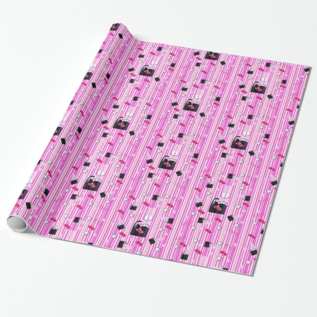 Glossy Wrapping Paper, Pink Lipstick Pink Stripe Wrapping Paper (Unrolled)
