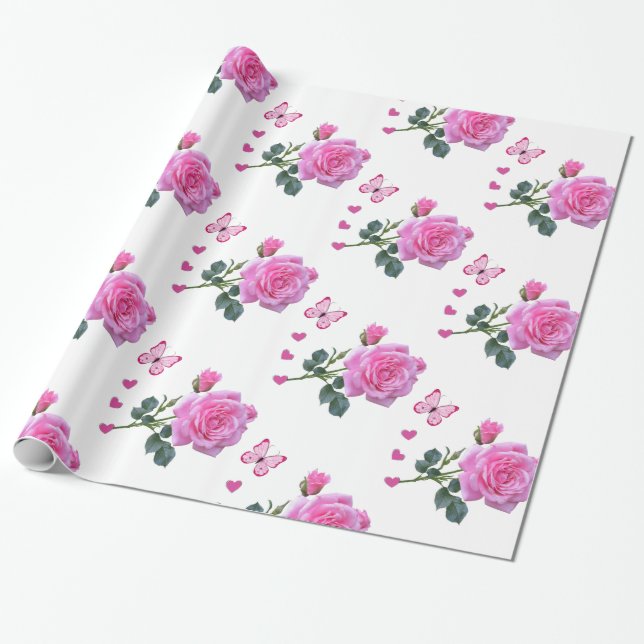 Glossy Wrapping Paper, Pink Rose Floral Butterfly Paper (Unrolled)