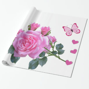 Glossy Wrapping Paper, Pink Rose Floral Butterfly Wrapping Paper