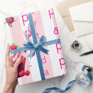 Glossy Wrapping Paper Pink Stripe Happy Birthday