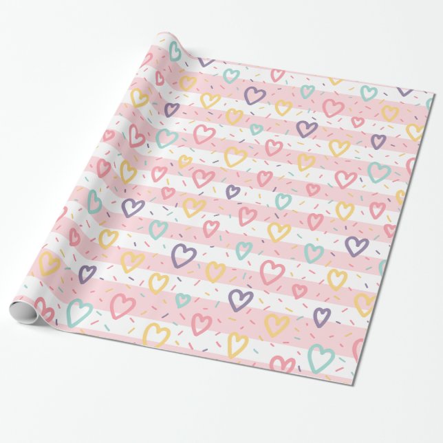 Glossy Wrapping Paper Pink & White Stripe Hearts (Unrolled)