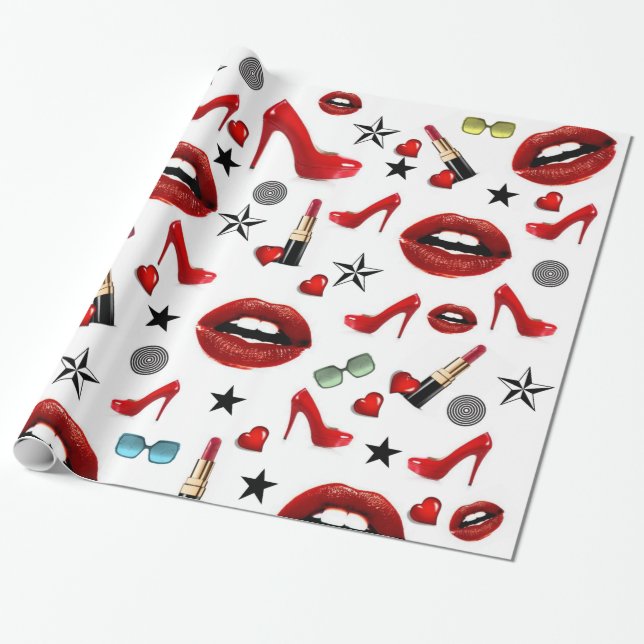 Glossy Wrapping Paper, Red Lipstick Lips Heels Paper (Unrolled)