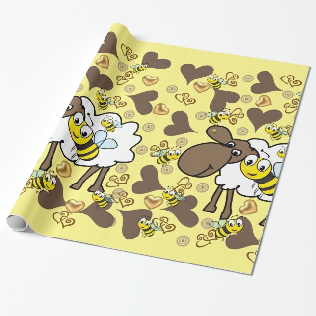 Glossy Wrapping Paper, Sheep Bee Brown Hearts Paper (Unrolled)