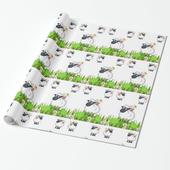 Glossy Wrapping Paper, Sheep Floral Paper (Unrolled)