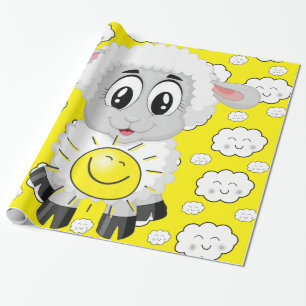 Glossy Wrapping Paper, Sheep Sun Yellow Clouds Wrapping Paper
