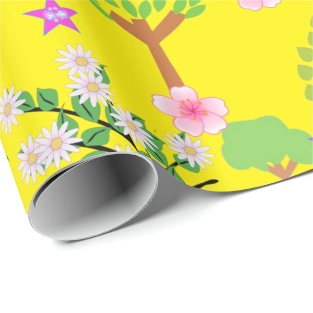 Glossy Wrapping Paper, Sheep Trees Floral Yellow Wrapping Paper (Roll Corner)