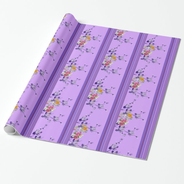 Glossy Wrapping Paper, Stripe Purple Floral Wrapping Paper (Unrolled)