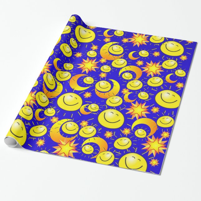 Glossy Wrapping Paper, Sun Moon Yellow Stars Wrapping Paper (Unrolled)