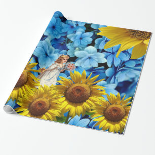Glossy Wrapping Paper, Sunflower Blue Floral Paper