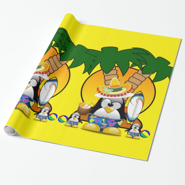 Glossy Wrapping Paper, Surfer Penguin Beach Paper (Unrolled)
