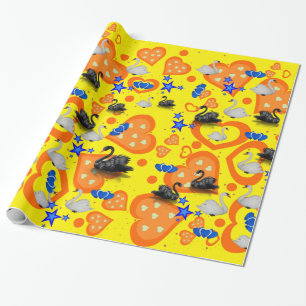 Glossy Wrapping Paper, Swan Orange Hearts Yellow Paper