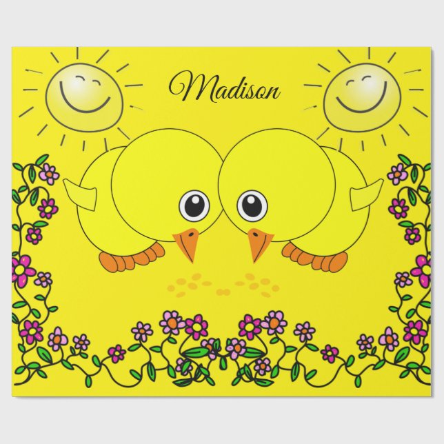 Glossy Wrapping Paper, Yellow Chicks Sun Floral Paper (Flat)