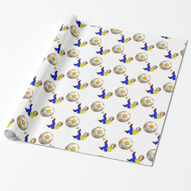 Glossy Wrapping Paper, Yellow White Soccer Ball Paper (Unrolled)