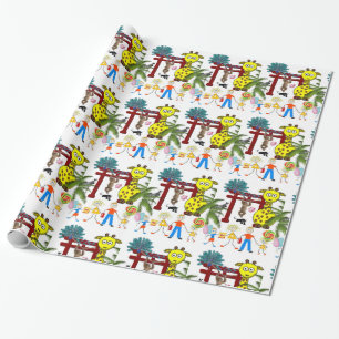 Glossy Wrapping Paper, Zoo Monkey Giraffe Wrapping Paper