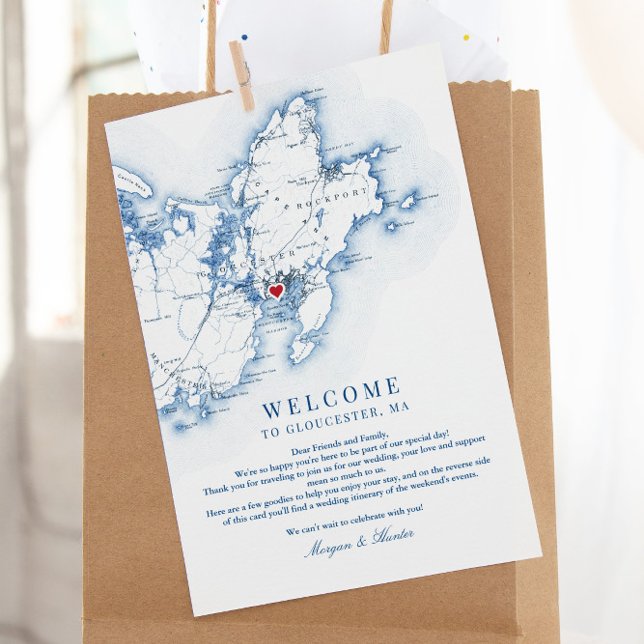 Gloucester Cape Ann MA Wedding Welcome Itinerary Thank You Card (This Gloucester, MA wedding welcome letter includes a weekend schedule of events on the back)