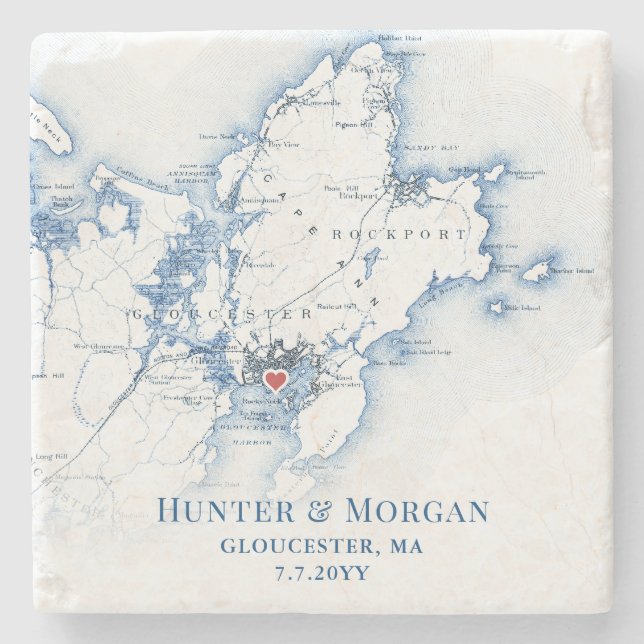 Gloucester MA Wedding Favour Cape Ann Map Stone Coaster (Front)