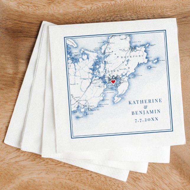 Gloucester Massachusetts Map Navy Elegant Wedding Napkin (These Gloucester wedding napkins are perfect for your destination wedding to Cape Ann, Massachusetts)