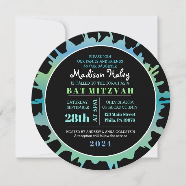 GLOW Aqua Splash Bar Bat Mitzvah Invitation (Front)