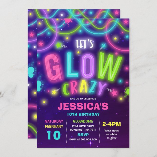 Glow Birthday Invitation Neon Glow Dance Party (Front/Back)