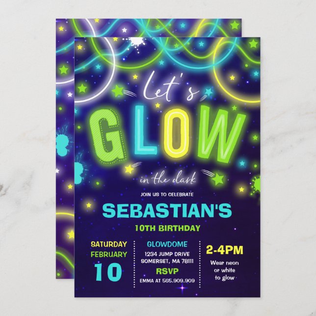 Glow Birthday Invitation Neon Glow Dance Party (Front/Back)