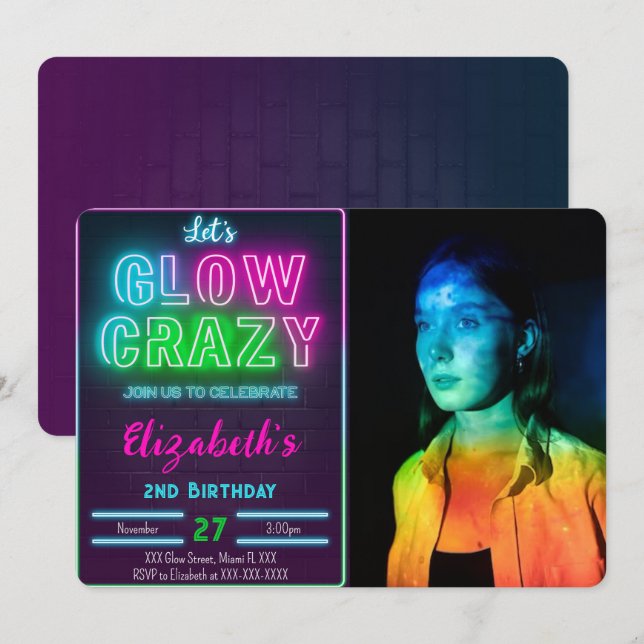 Glow Birthday Photo Invitation (Front/Back)