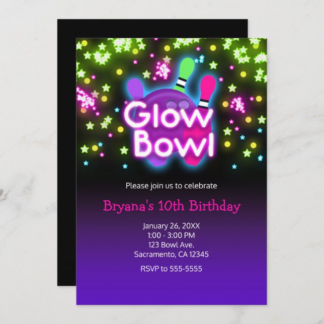 Glow Bowl Bowling Neon Stars Birthday Party Invitation (Front/Back)