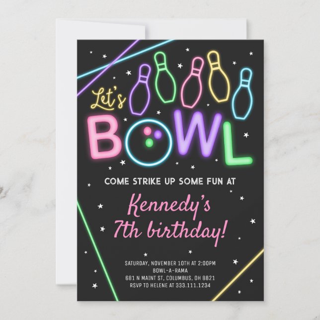 Glow Bowling Birthday Party Invitation Neon Colour (Front)