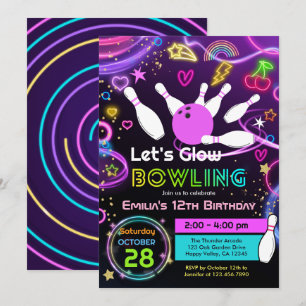 Glow Bowling Girl Birthday Party Neon Pink Invitation