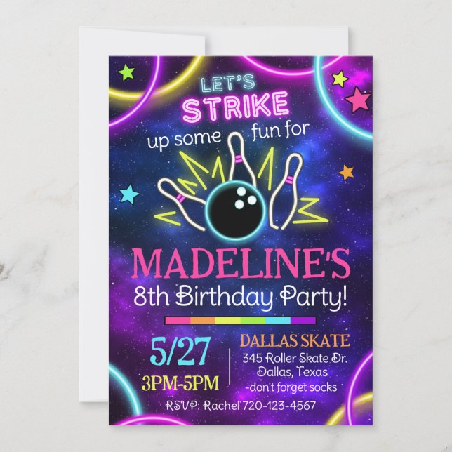 Glow Bowling Invitation, Glow Bowling Birthday Invitation (Front)