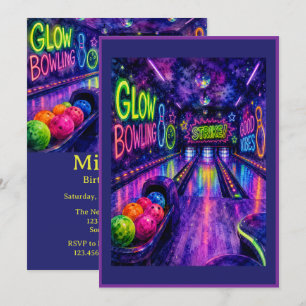 Glow Bowling Watercolor Teen Birthday Party Invitation