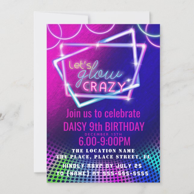 GLOW crazy birthday disco party invite (Front)
