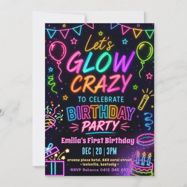 Glow Crazy Girl Birthday Invitation (Front)