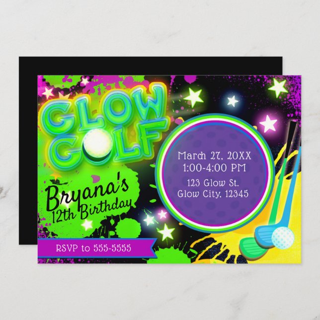 Glow Golf Birthday Party Glowing Stars Purple Invitation (Front/Back)