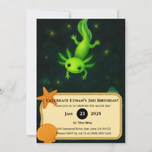 Glow Green Axolotl in Swamp Birthday Invitation