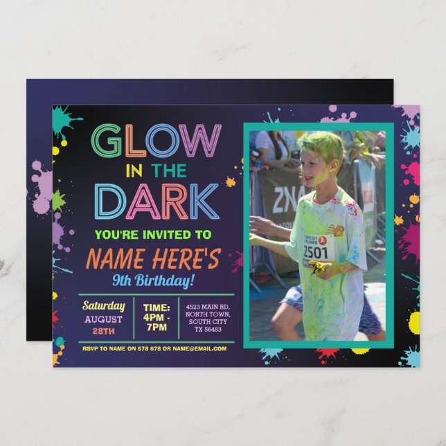 Glow In The Dark Birthday Neon Paint Party Photo Invitation (Front/Back)