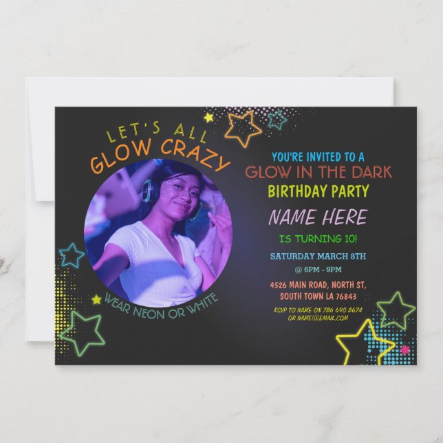 Glow In The Dark Birthday Neon Party Photo Paint Invitation (Front)