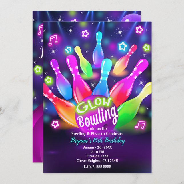 Glow in the Dark Bowling Bowl Birthday Party Invitation (Front/Back)