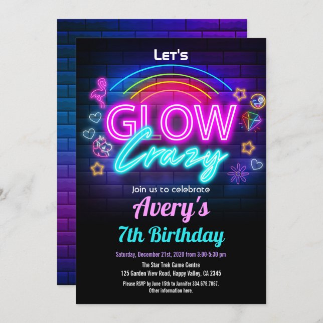 Glow In The Dark Girl Birthday Party Invitation (Front/Back)