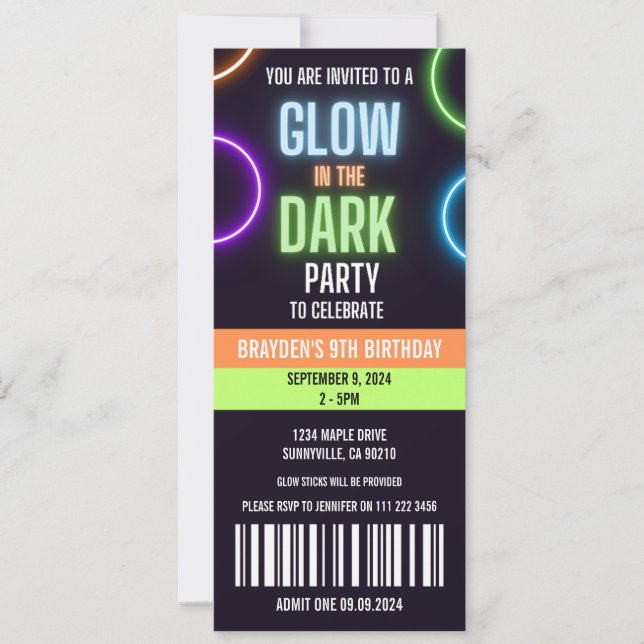 Glow In The Dark Neon Boy Birthday Ticket Invitation (Front)