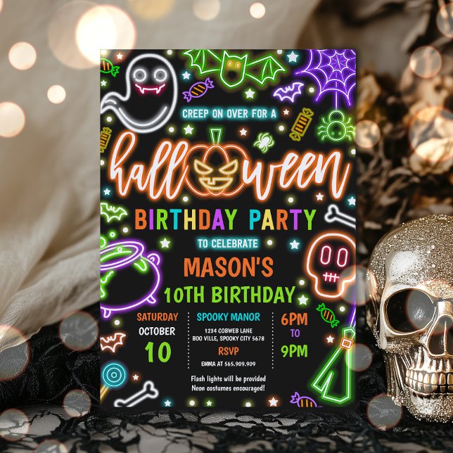Glow In The Dark Neon Halloween Birthday Party Invitation (Creator Uploaded)