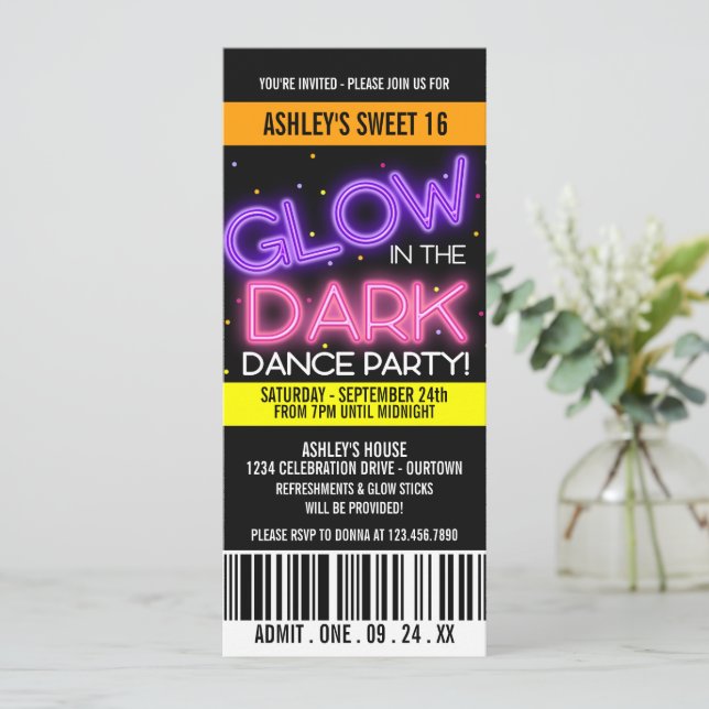 Glow in the Dark Sweet 16 Party Invitation (Standing Front)