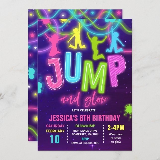 Glow Jump Invitation Neon Jump Birthday Party (Front/Back)