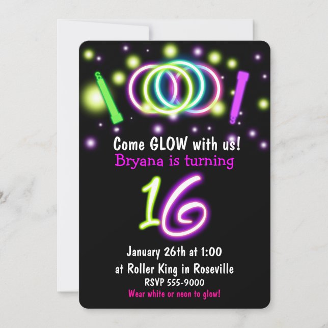 GLOW Lights 16th Birthday Party Age 16 Invitation (Front)